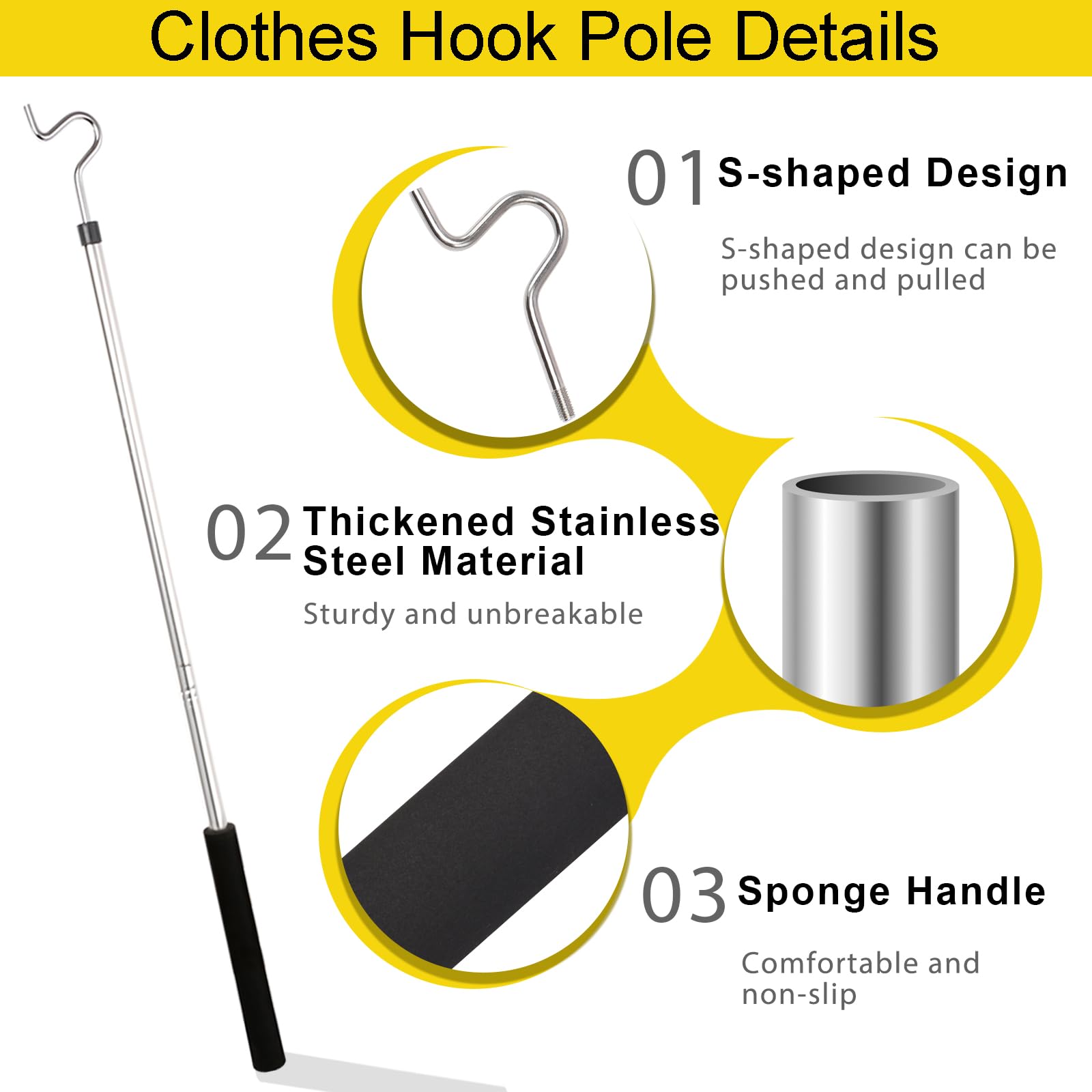 Greeily Clothes Hook Pole, High Reach Garment Hook For Hanging Clothes Light And Plants Extendable From 35'' To 50'' Made Of Sta