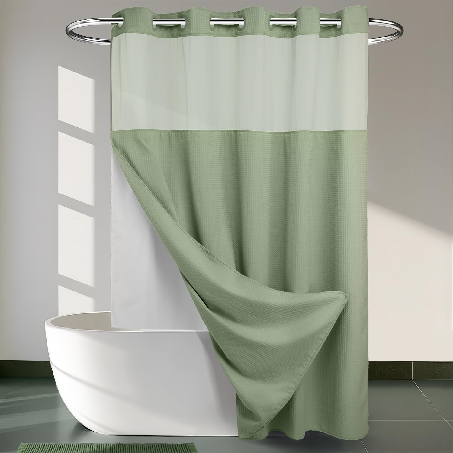 River Dream Sage Green No Hooks Required Shower Curtain with Snap in Liner - Waffle Weave Hotel Grade Spa Like Bath Curtain 71W x 74H