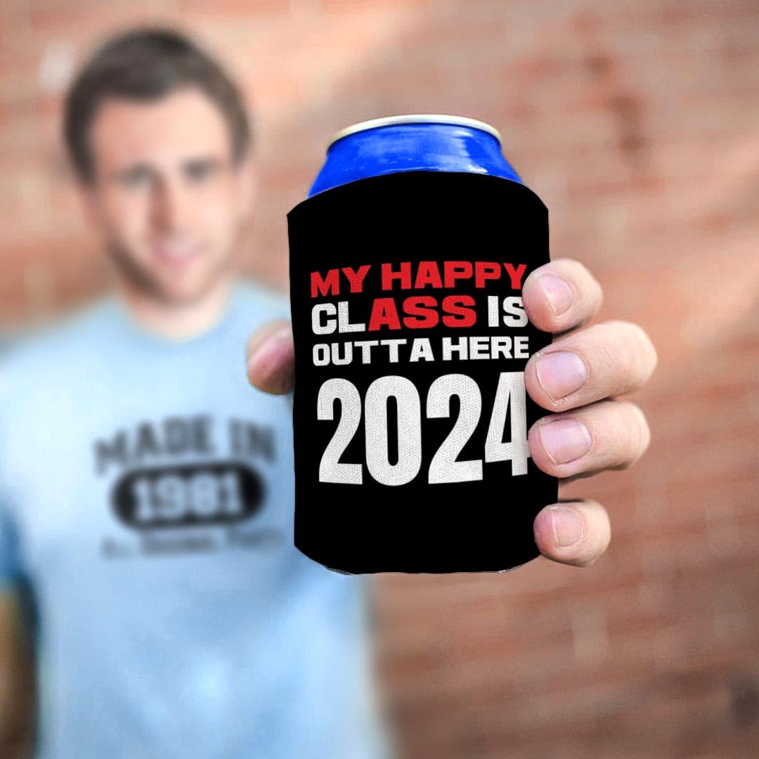 Graduation Gift Funny Can Coolie My Happy Class Outta Here 2024 Graduation Party Favor 6-Pack Can Drink Coolies Black
