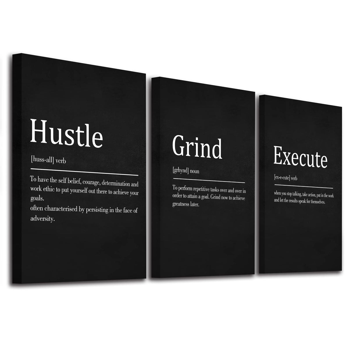 Ephany Hustle Grind Execute - Wall Hanging Decor, Framed Canvas Office Art, Set Of 3 Inspirational Prints