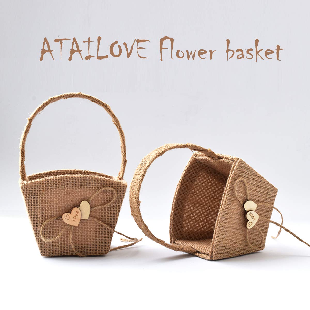 Atailove 2Pcs Burlap Wedding Flower Girl Basket Double Love Heart And Bowknot For Vintage Rustic Wedding