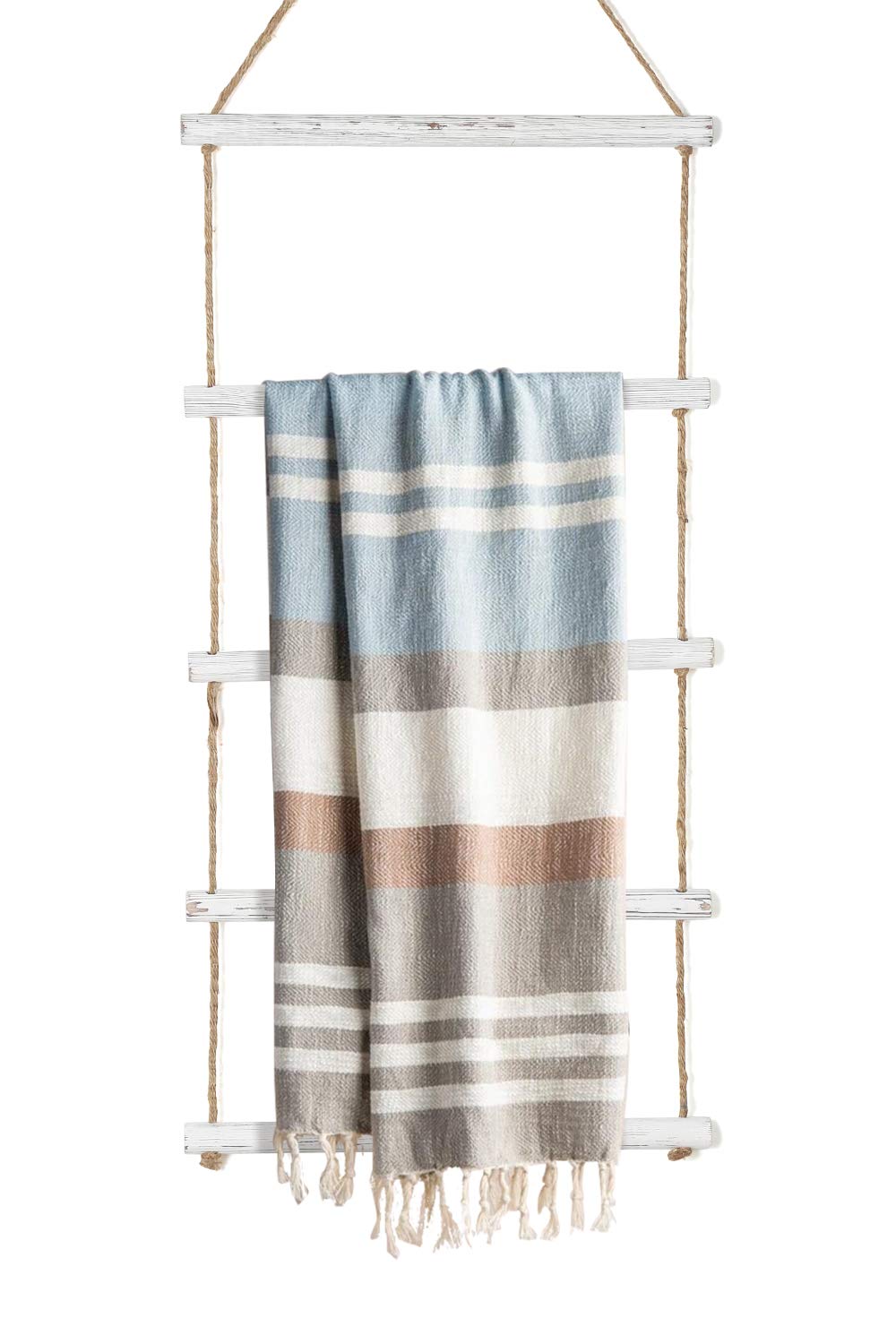 Docmon Towel Rack For Bathroom- 3.3-Foot Wall Hanging Whitewashed Wood & Rope Blanket Ladder With 5 Rungs For Farmhouse Room Dec
