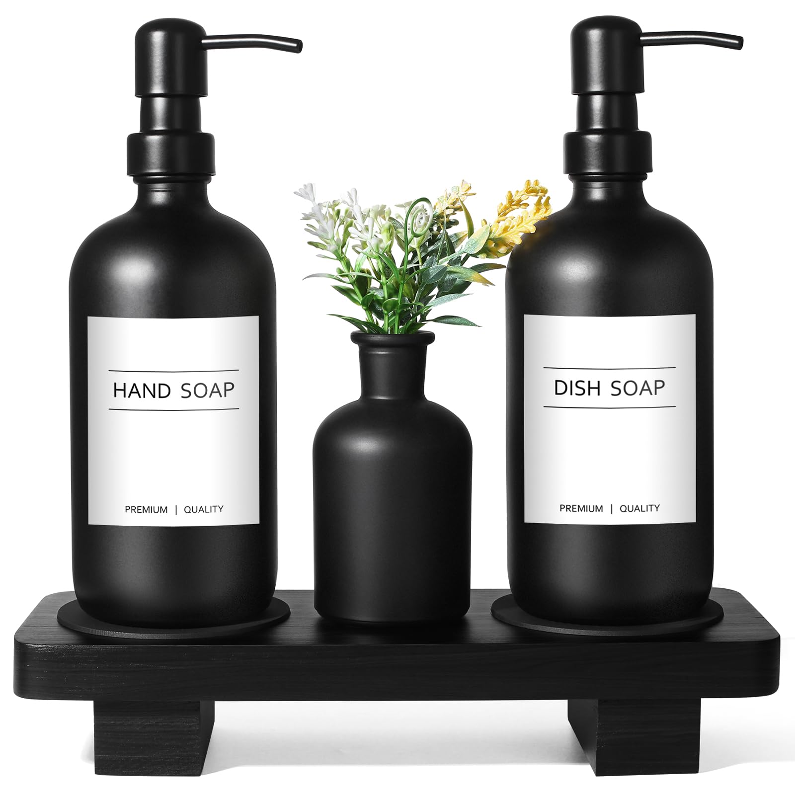 Dish Soap Dispenser For Kitchen, Black Hand Soap Dispenser With Stainless Steel Pump, Kitchen Soap Dispenser Set With Wood Riser