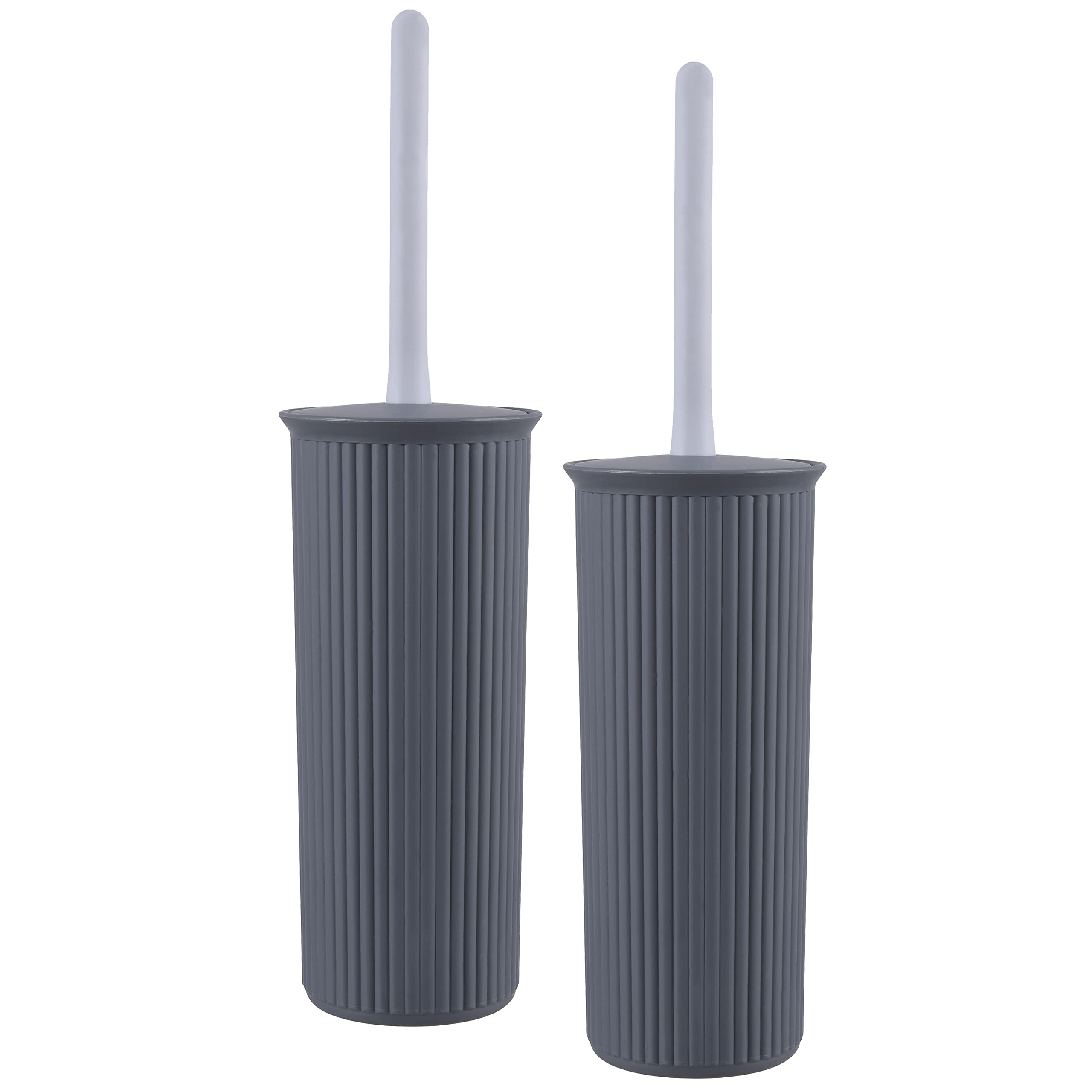 Superio Ribbed Collection - Decorative Plastic Toilet Bowl Brush And Holder Set, Grey (2 Pack) Cleaner Scrubber For Bathroom