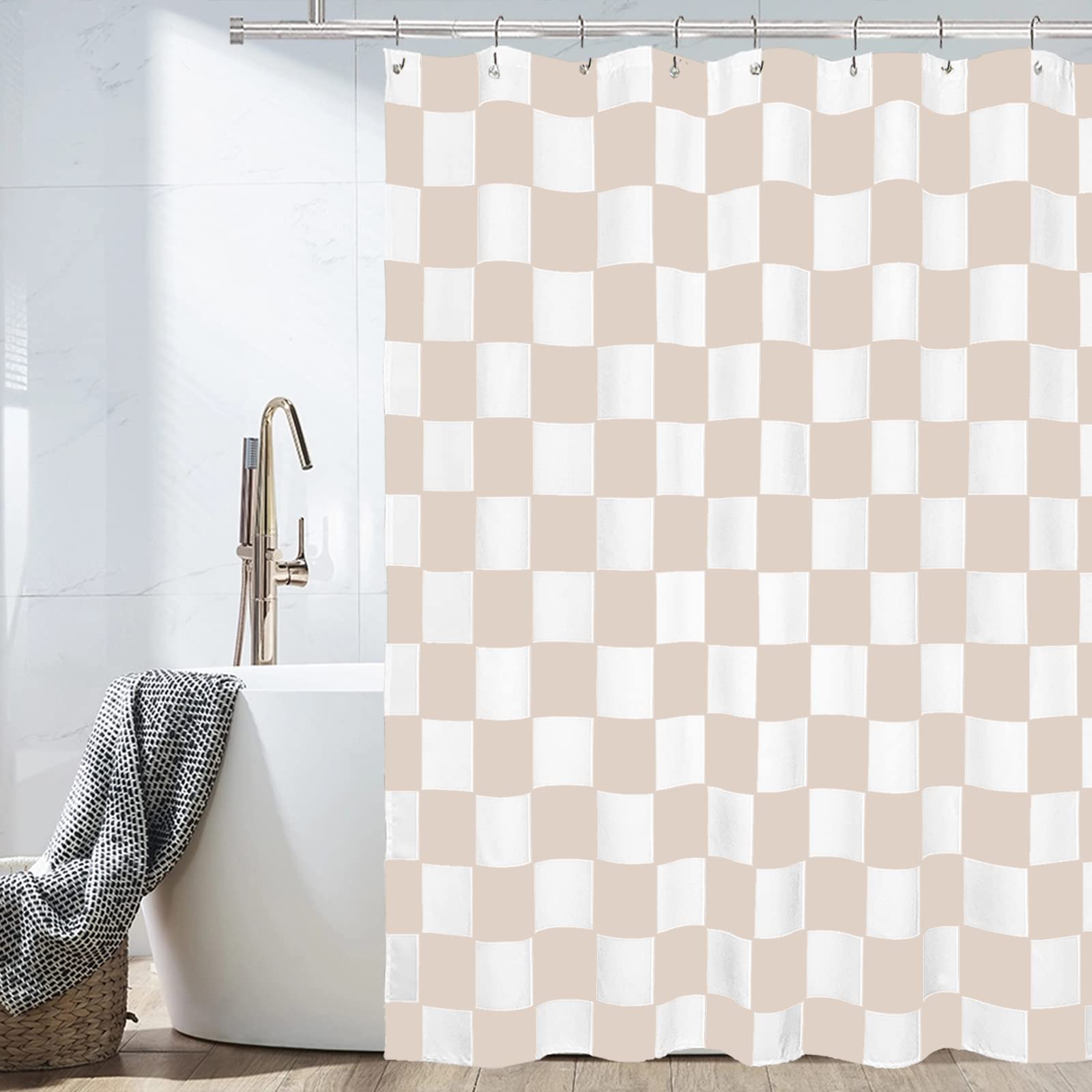 Tititex Aesthetic Checkerboard Grid Pattern Shower Curtain, White Cream Modern Shower Curtain Sets Decoration 71X71 Inch With Ho