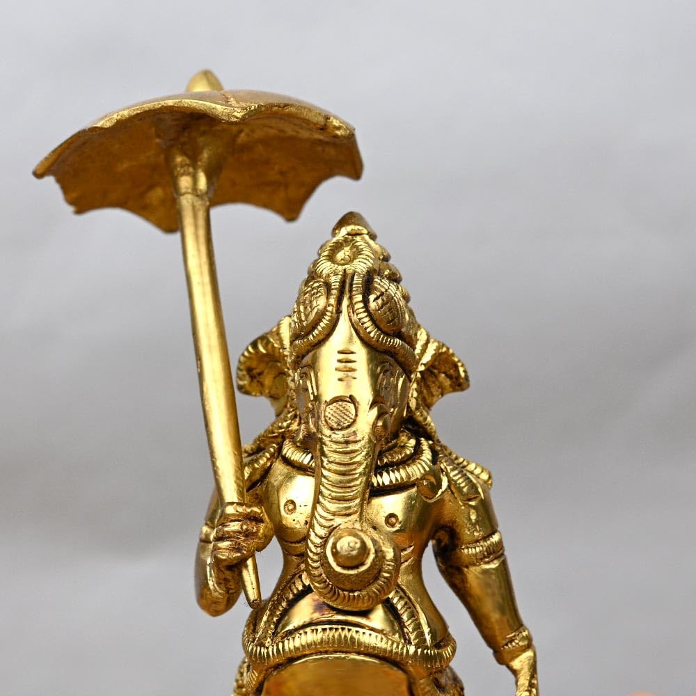 Sunpic 100% Pure Brass Lord Ganesha Ganpati With Umbrella And Kamandalu Brass Murti Religious Statue Idol Ganesh Murti Home Deco
