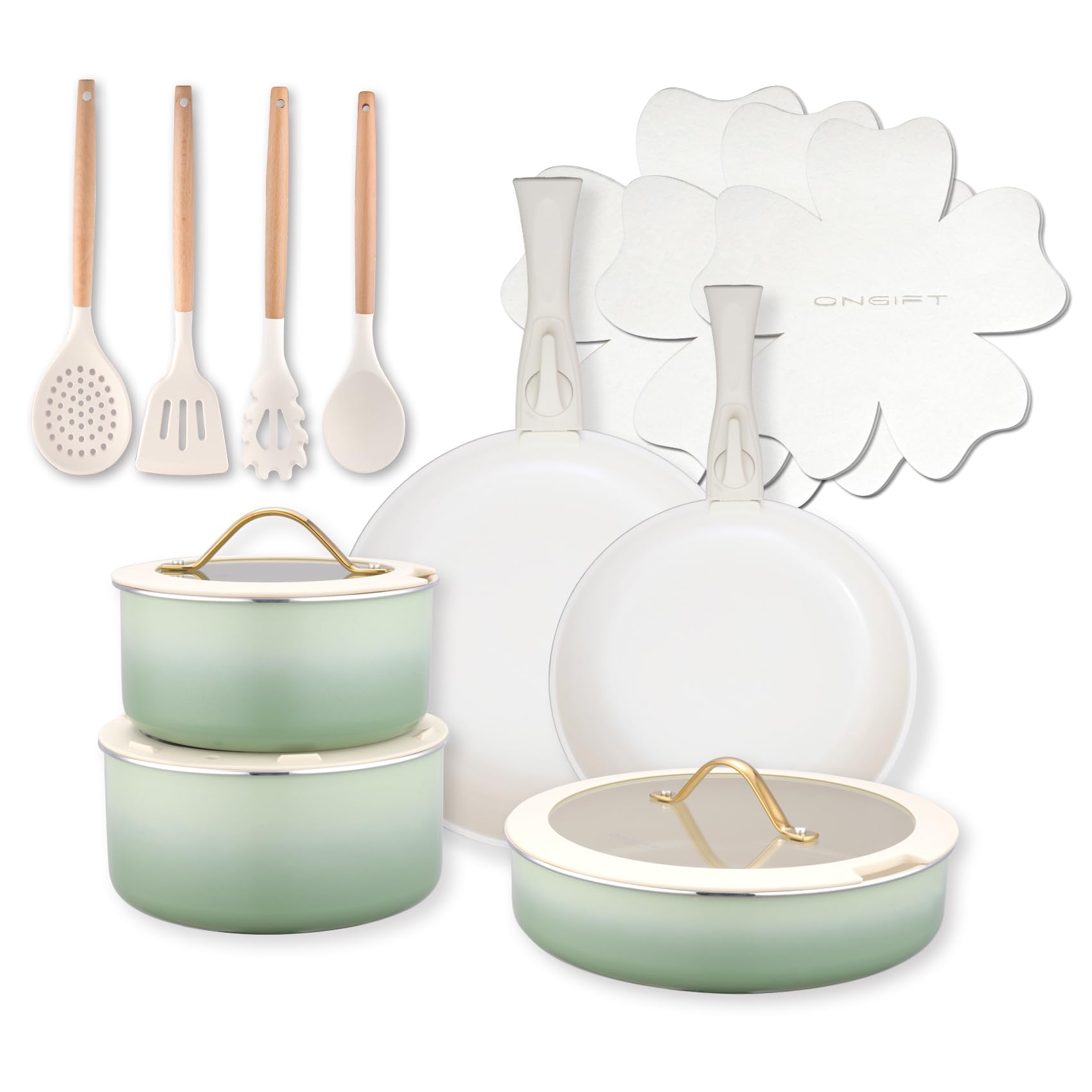 ONGIFT 20pcs Ceramic Cookware Set Nonstick, Detachable Handle Pots and Pans Set, Non Toxic,No PFAS & PTFE & PFOA, Dishwasher/Ove