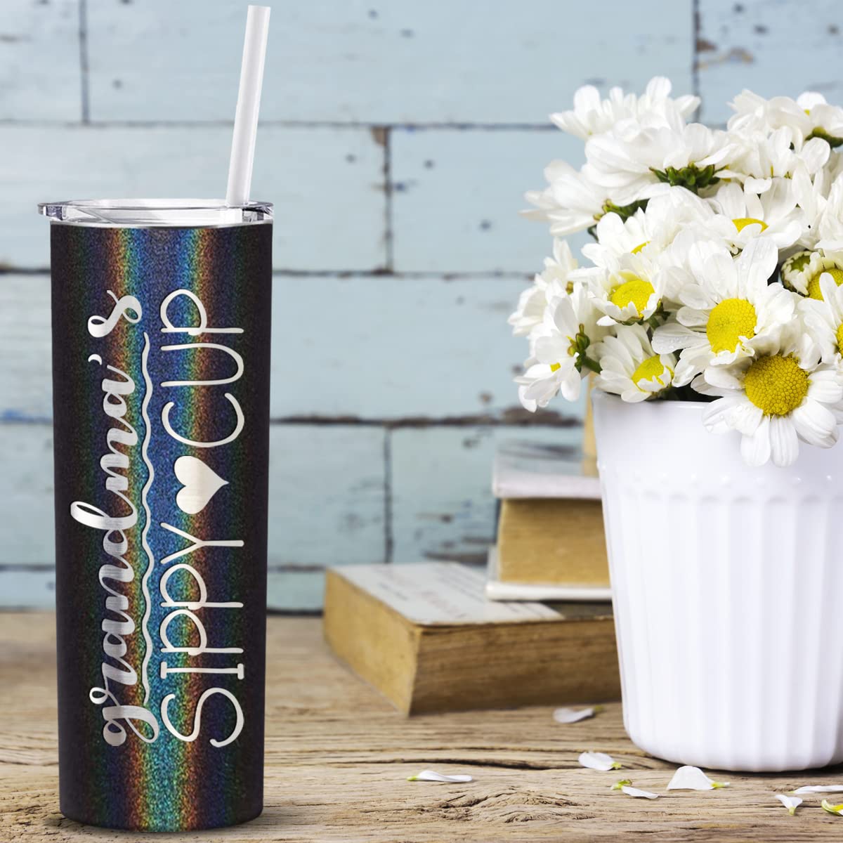 Grandma'S Sippy Cup Skinny Tumbler With Lid And Straw Laser Engraved On Black Glitter 20 Oz Insulated Stainless Steel Funny Birt