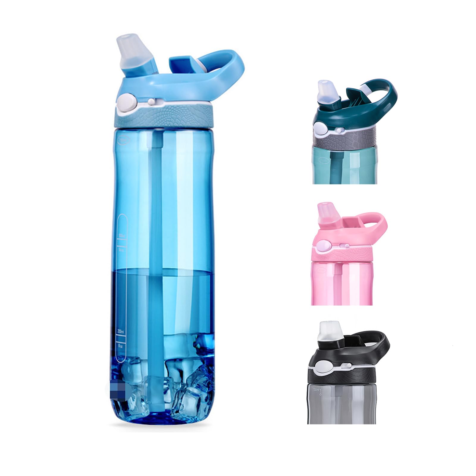 SHELFLOVER 24oz Light Blue Water Bottle With Narrow Straw, BPA FREE Clear Bottles With Handle One Hand Use Easy Carried, Flip Up