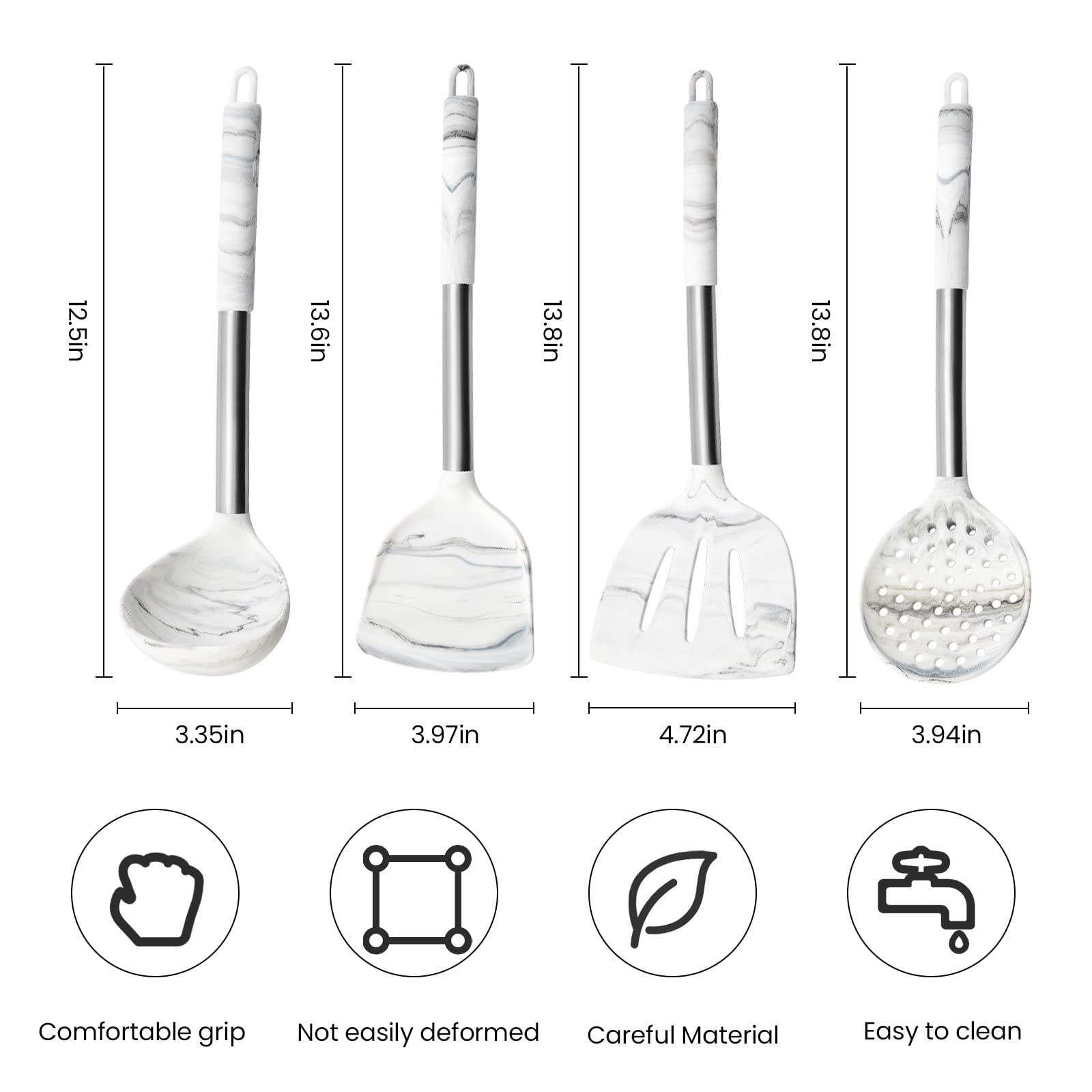 4Pcs Silicone Cooking Utensils Set-Heat Resistant Kitchen Utensils With Stainless Steel Handle,Spatula,Turner, Slotted Spoon,Lad