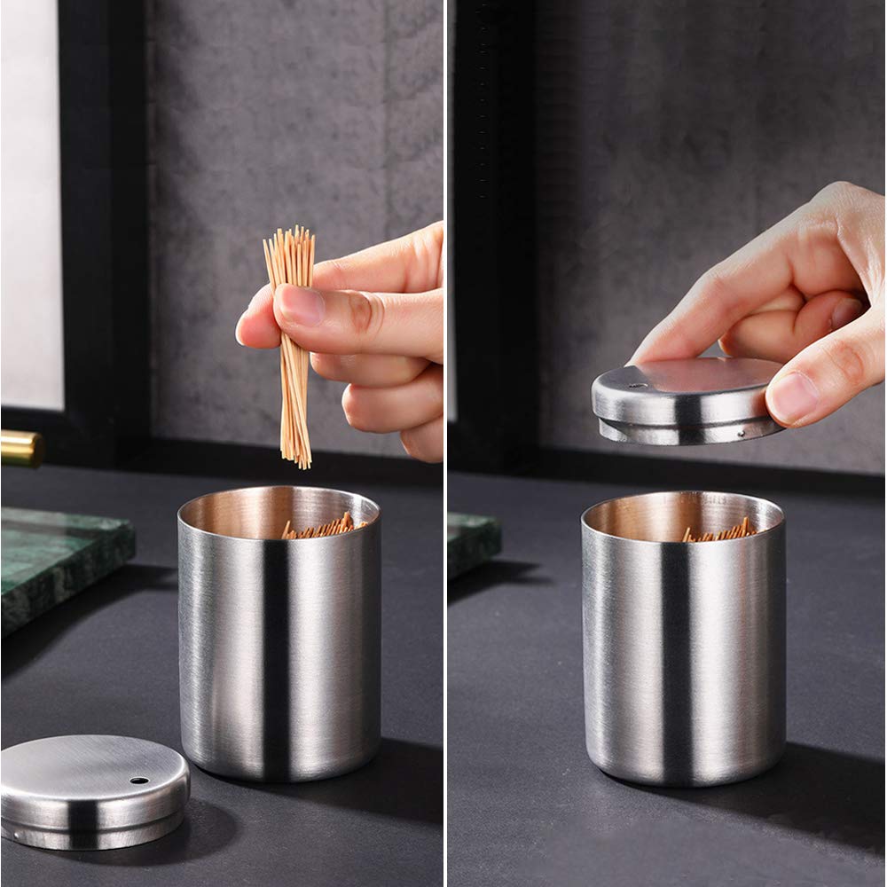 Ayccnh Stainless Steel Toothpick Holder Dispenser, Thickening Tooth Picks Container With 400 Pieces Bamboo Toothpicks For Teeth