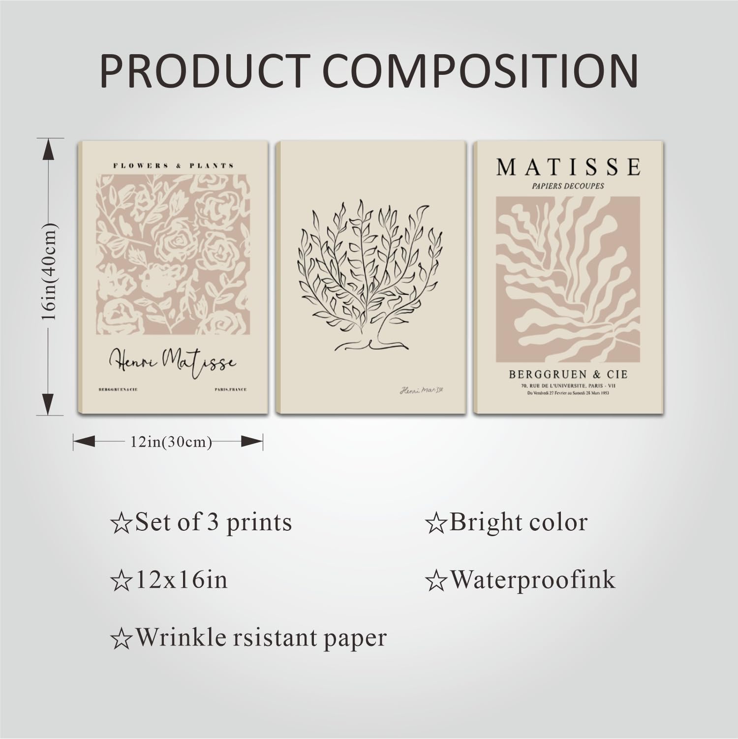 Akwish Matisse Aesthetic Canvas Wall Art Set Of 3, Abstract Henri Matisse Beige Neutral Wall Home Decor Boho Flower Abstract Pos