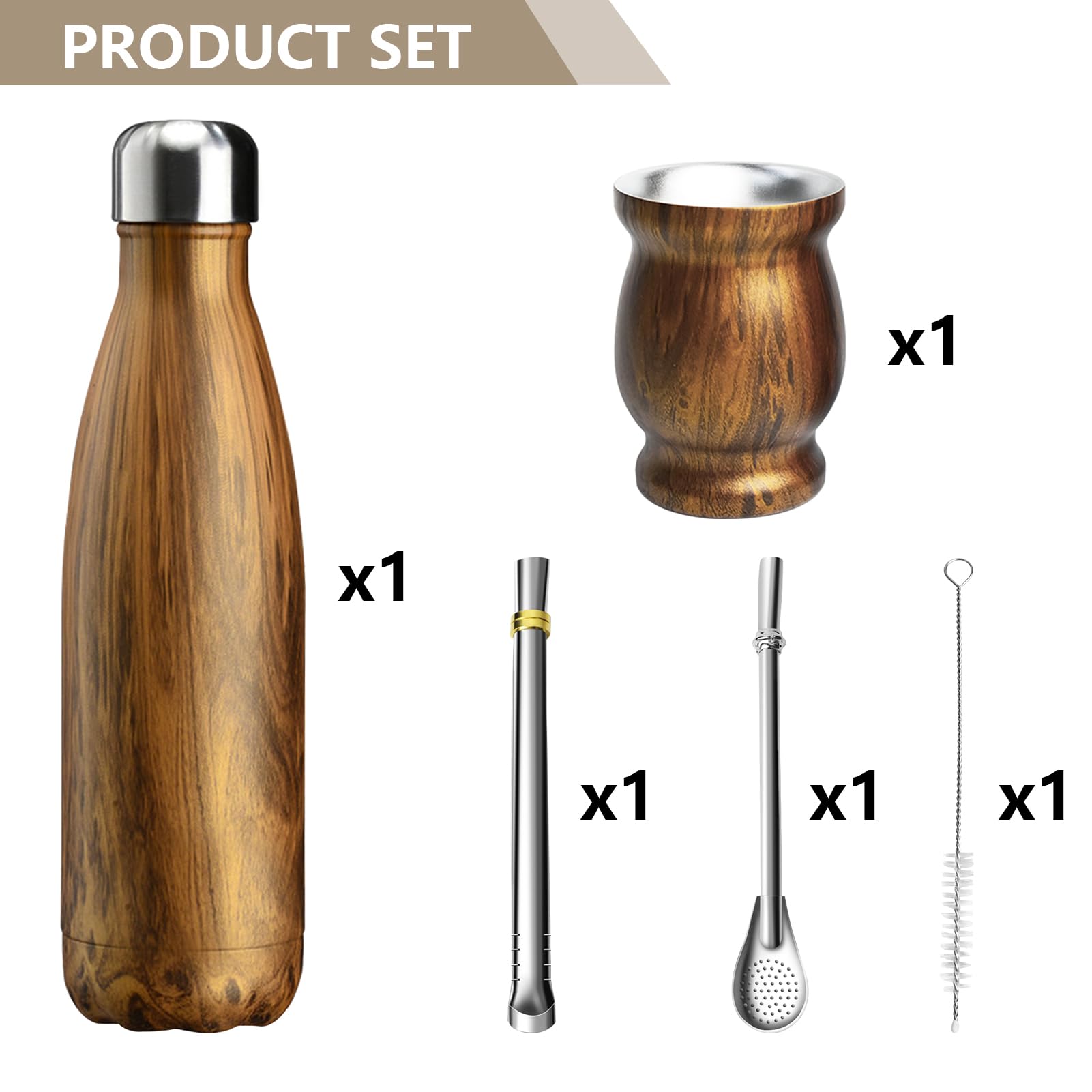 Artcome 5Pc Stainless Steel Yerba Mate Cup Set - 1 8.5Oz Stainless Steel Double-Wall Mate Cup, 1 17Oz Thermos, 2 Bombillas (Yerb