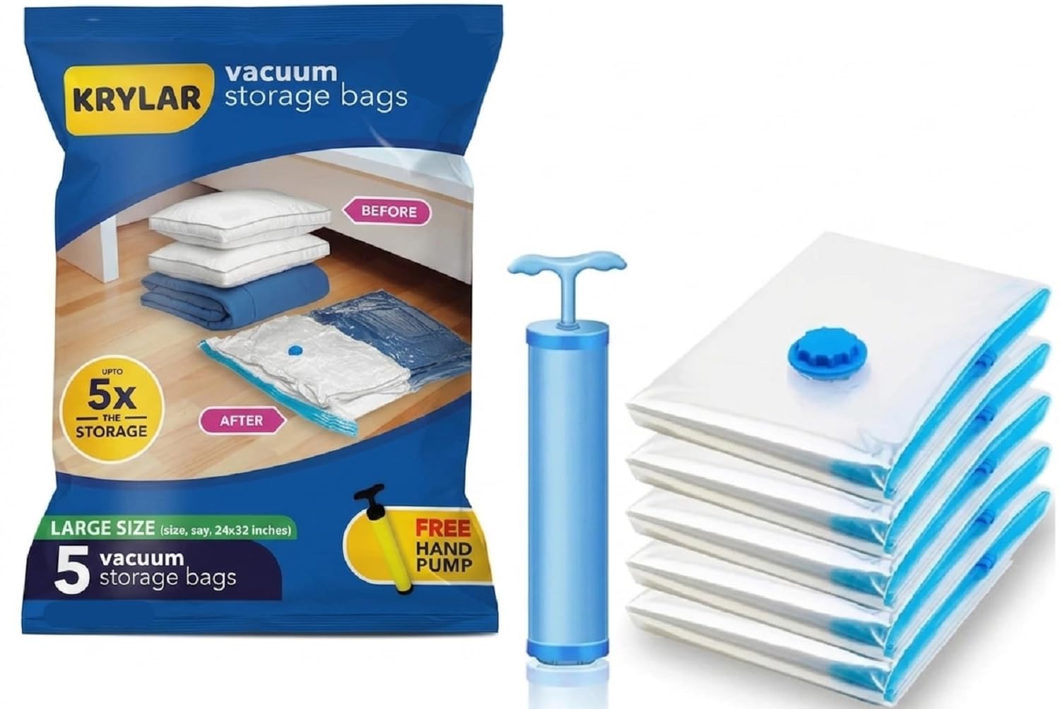 Krylar Vacuum Storage Bags 5Pcs With Free Hand Pump Space Saving Bags For Travel,Clothes,Blankets,Pillows,Jackets &Sweaters Airt