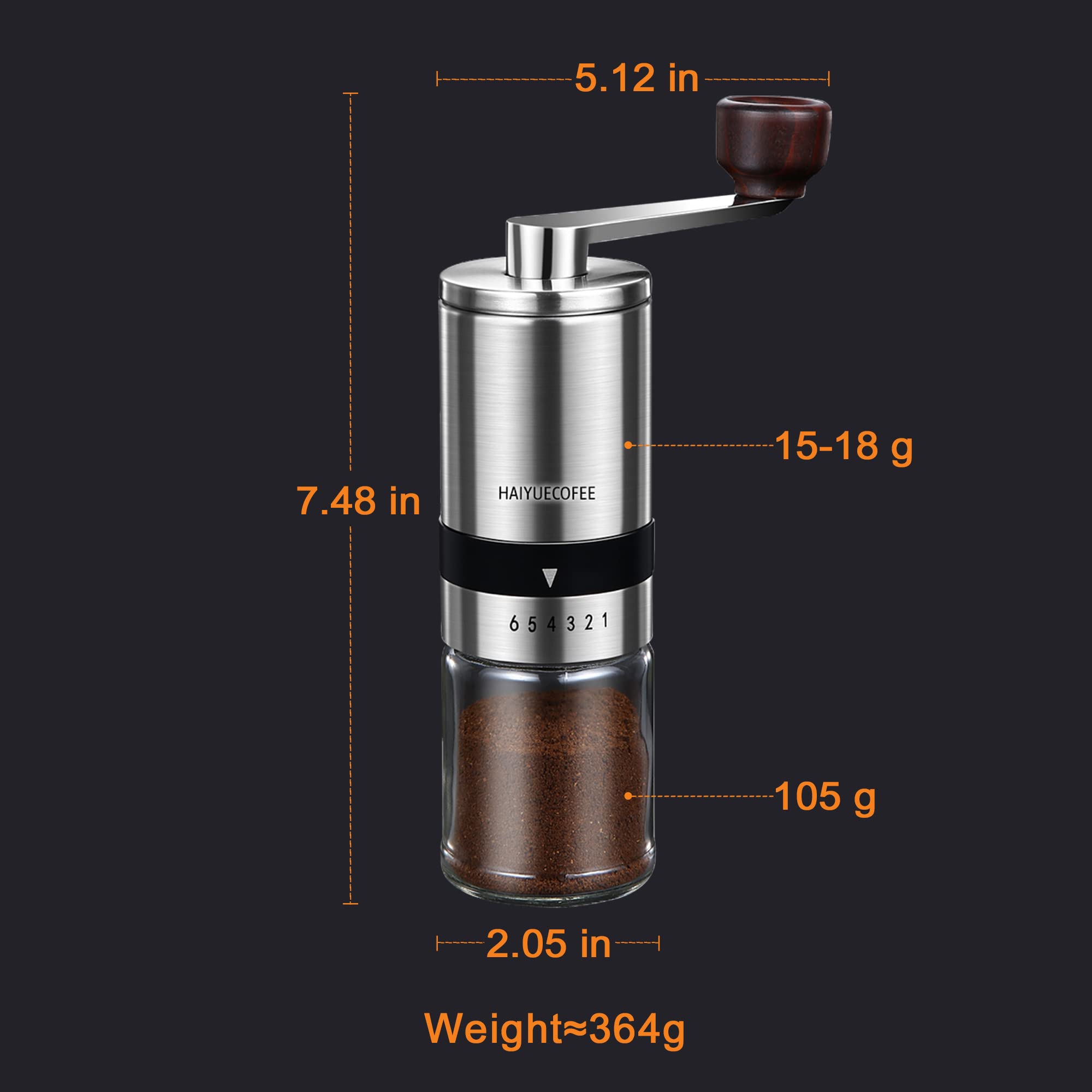 Haiyuecofee Manual Coffee Grinder With 6 Adjustable Coarseness Settings, Hand Crank Coffee Mill With Ceramic Burr For Espresso B