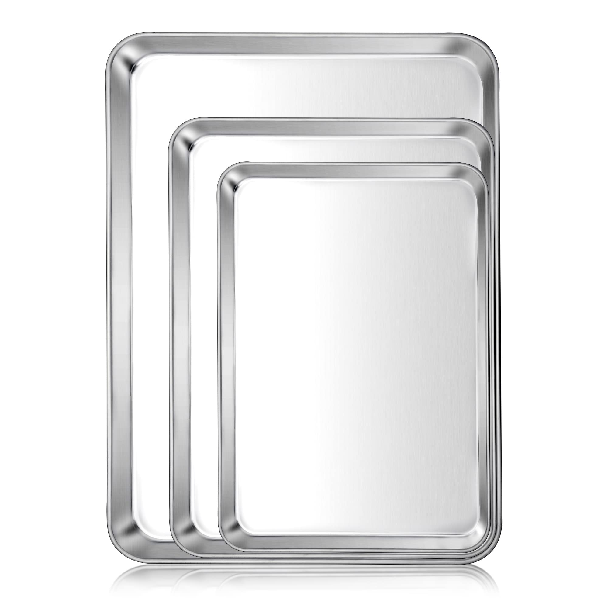 E-Far Baking Cookie Sheet Pan Set Of 3, 16/12.4/10.4 Inch, Stainless Steel Baking Pans Set For Oven, Rectangle Baking Tray For C