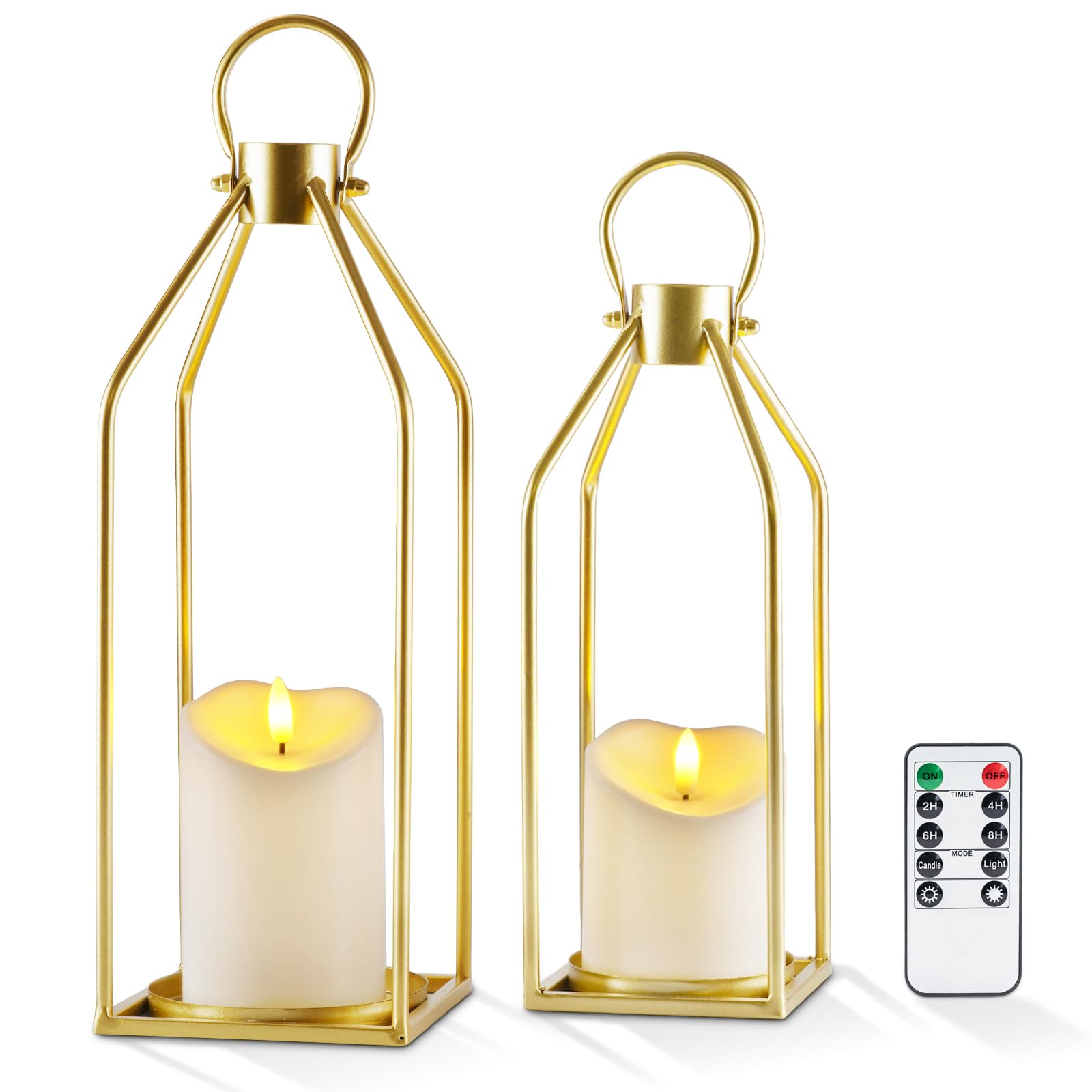 Homemory Modern Farmhouse Lantern Decor with Waterproof Flameless Candle & Remote Timer, 2PCS Gold Metal Candle Lantern Decorati