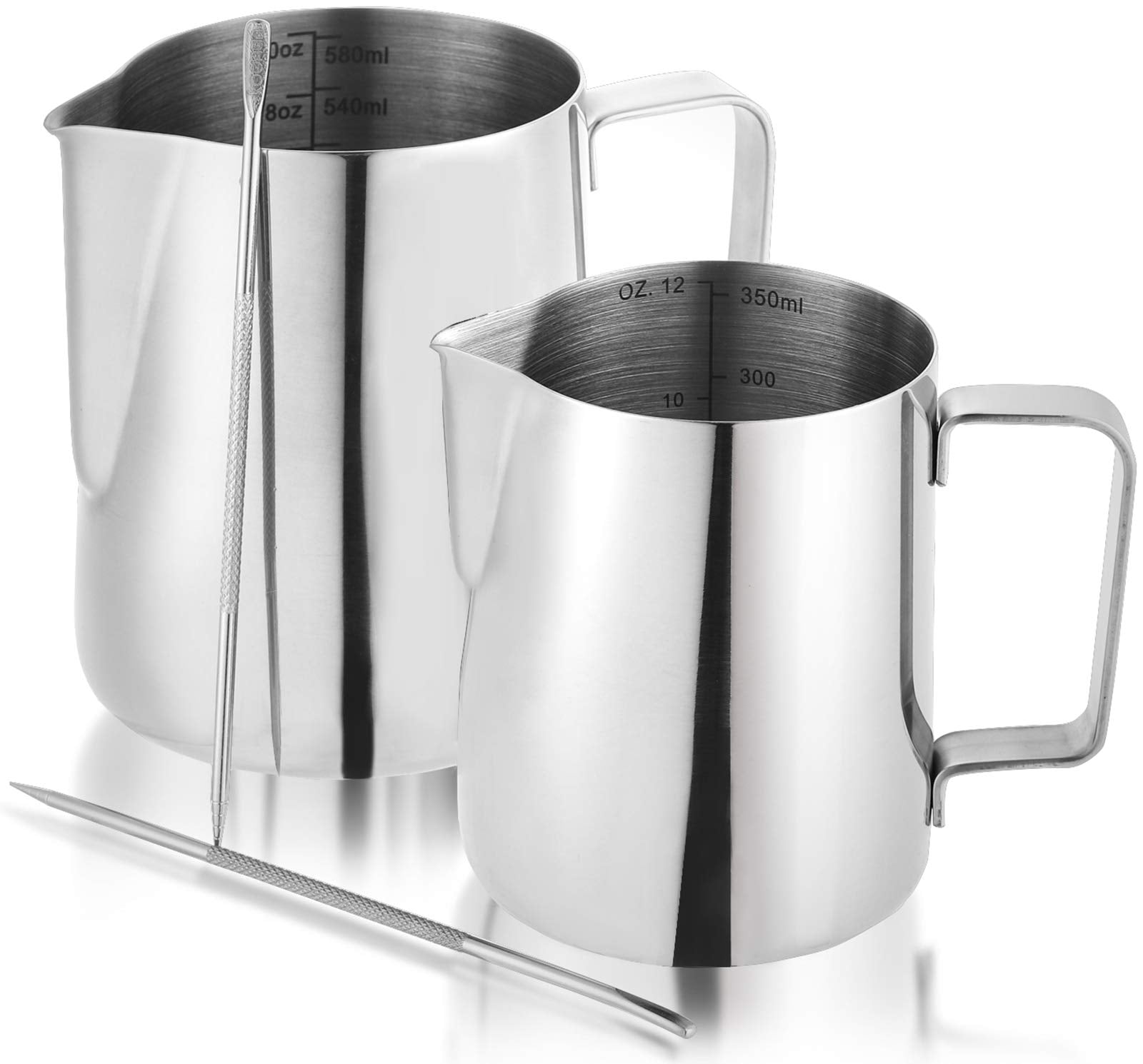 Nicunom 2 Pack Milk Frothing Pitcher, 12oz & 20oz Espresso Steaming Pitcher, Stainless Steel Milk Frother Steamer Cup, Perfect f