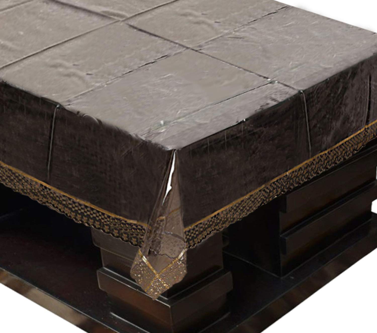 Kuber Industries Pvc 4 Seater Center Table Cover With Golden Lace (Black Transparent), Ctktc13896