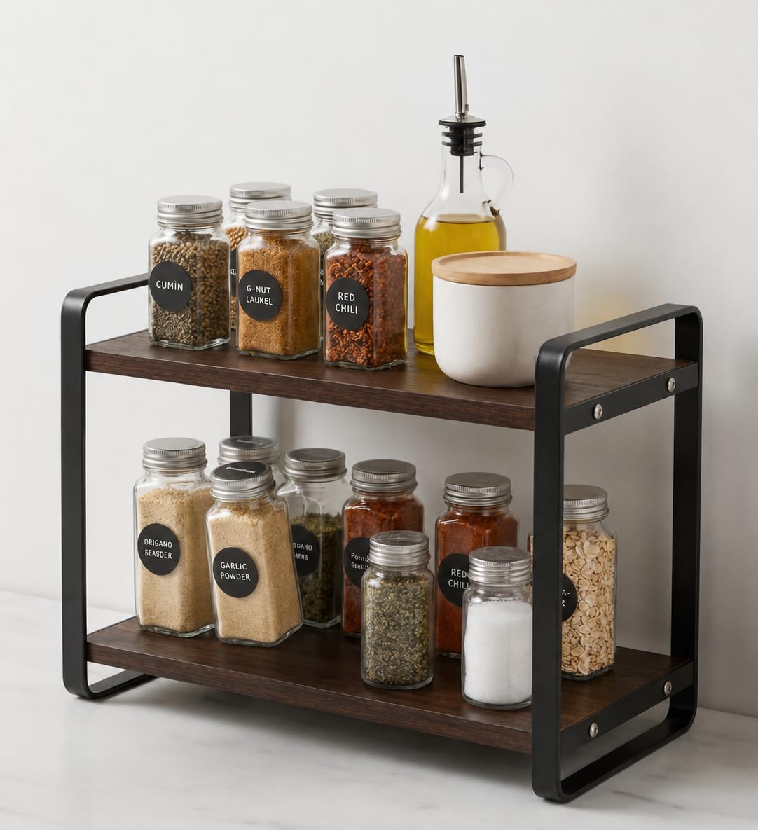 Firebees Kitchen Organizer Rack | 2 Tier Metal Wooden Kitchen Shelf Organisers & Shelf Riser For Counter Top | Wooden Kitchen St