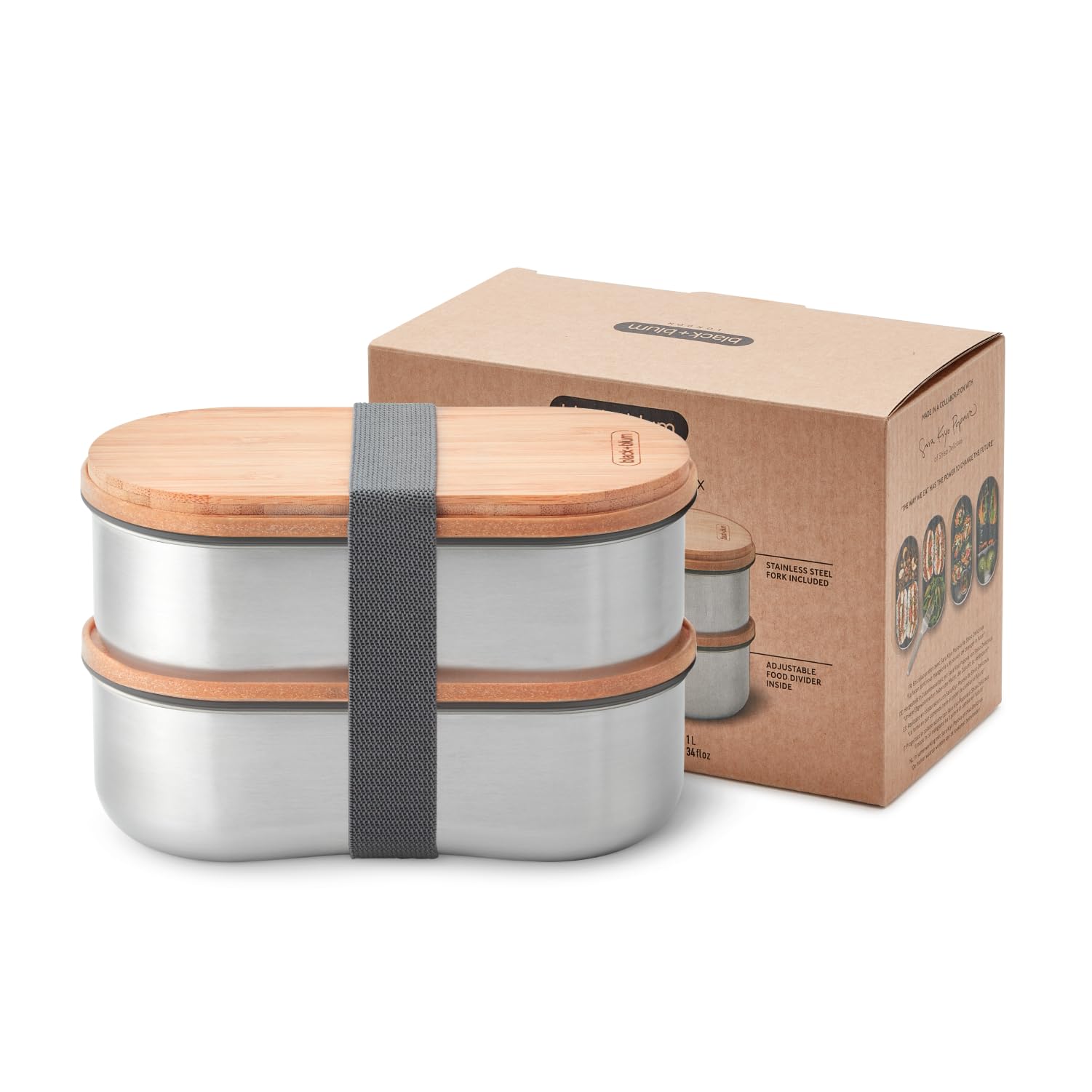 BLACK + BLUM Stainless Steel Bento Box | Plastic Free, Leak-Proof, 2-Compartment Lunch Box with Travel Fork and Bamboo Chopping 