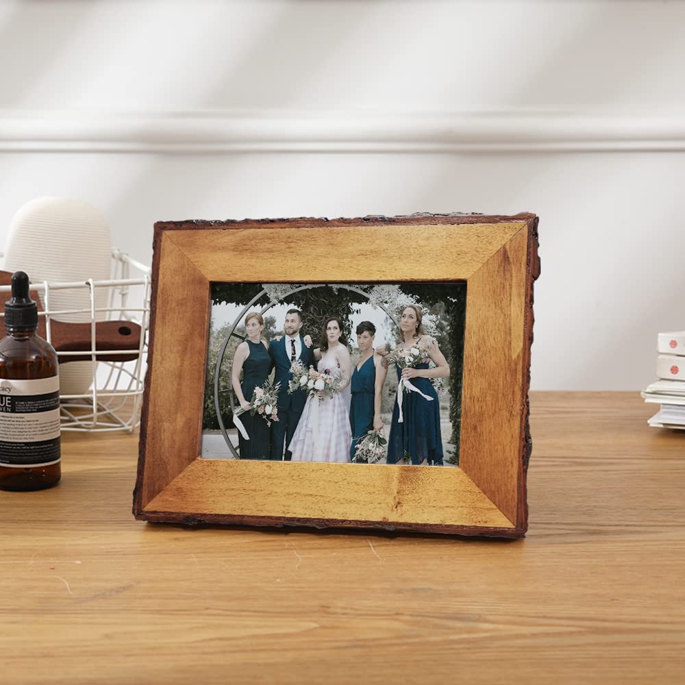 4x6 Wood Picture Frames Brown, Live Edge Rustic Photo Frame with Glass Front, Display 6x4 inch Photos for Tabletop or Wall Mount