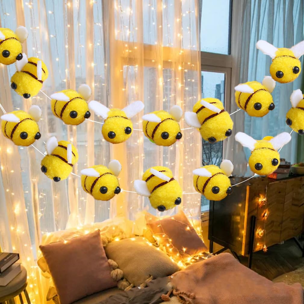 TOTIEJFJ Bee Garland Decoration (2string X 6.6ft) - DIY Pom Pom Honeybee Summer Hanging for Kids Bedroom Garden Decoration Baby 