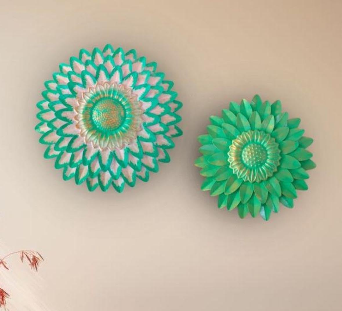Sethi Aesthetic Metal Flower Wall Art Decor, Handmade 3D Layered Petal Design, Set Of 2 (13X13 Inch And 11X11 Inch) (Olive Green