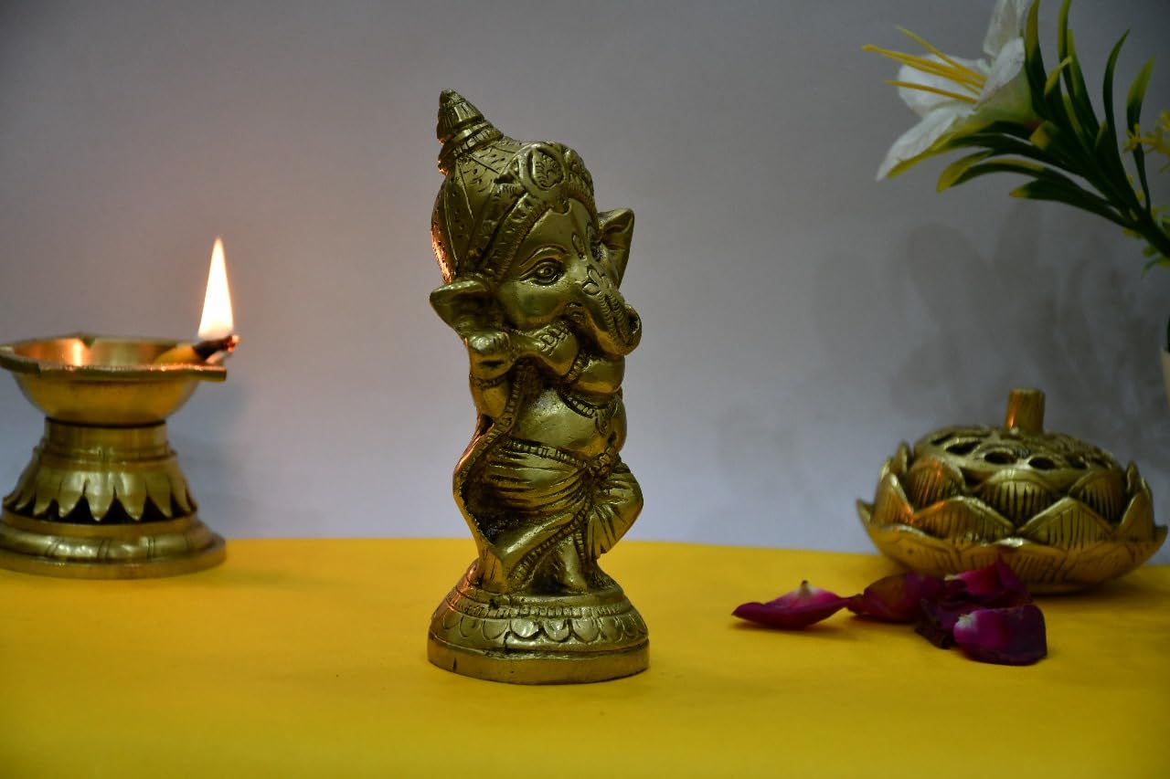Brixus Brass Ganesh Idol, 14 Cm, Baby Ganesha Playing Flute, Standing Position Statue
