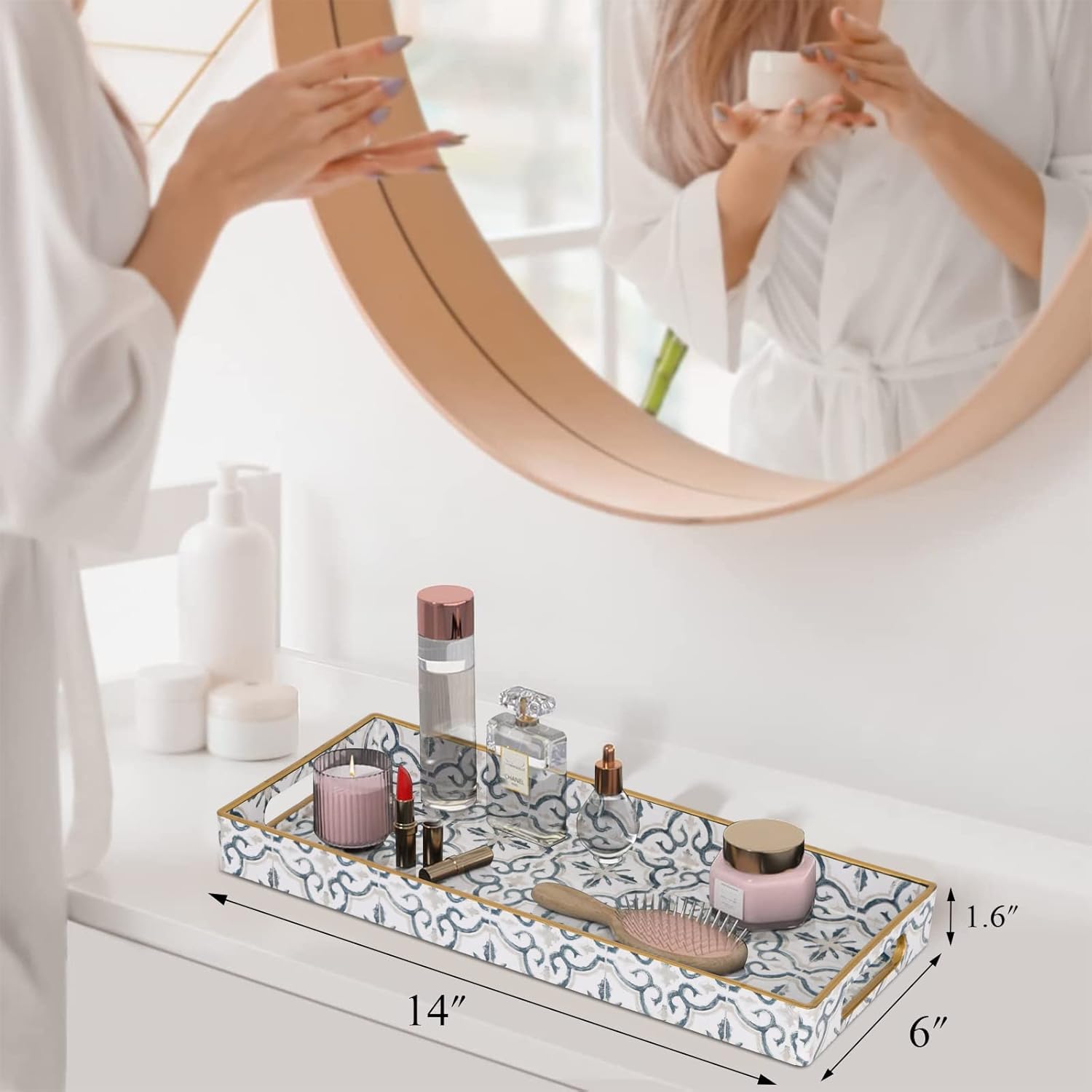 Maoname White Vanity Tray Set Of 2, Plastic Decorative Tray With Handles, Moroccan Bathroom Tray For Toilet Tank, Counter, 13.8'
