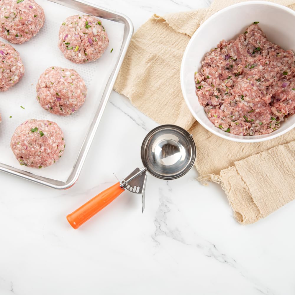 Restaurantware Met Lux 8 Ounce Portion Scoop 1 Durable Disher Scoop - Thumb Trigger Orange Stainless Steel Ice Cream Disher For