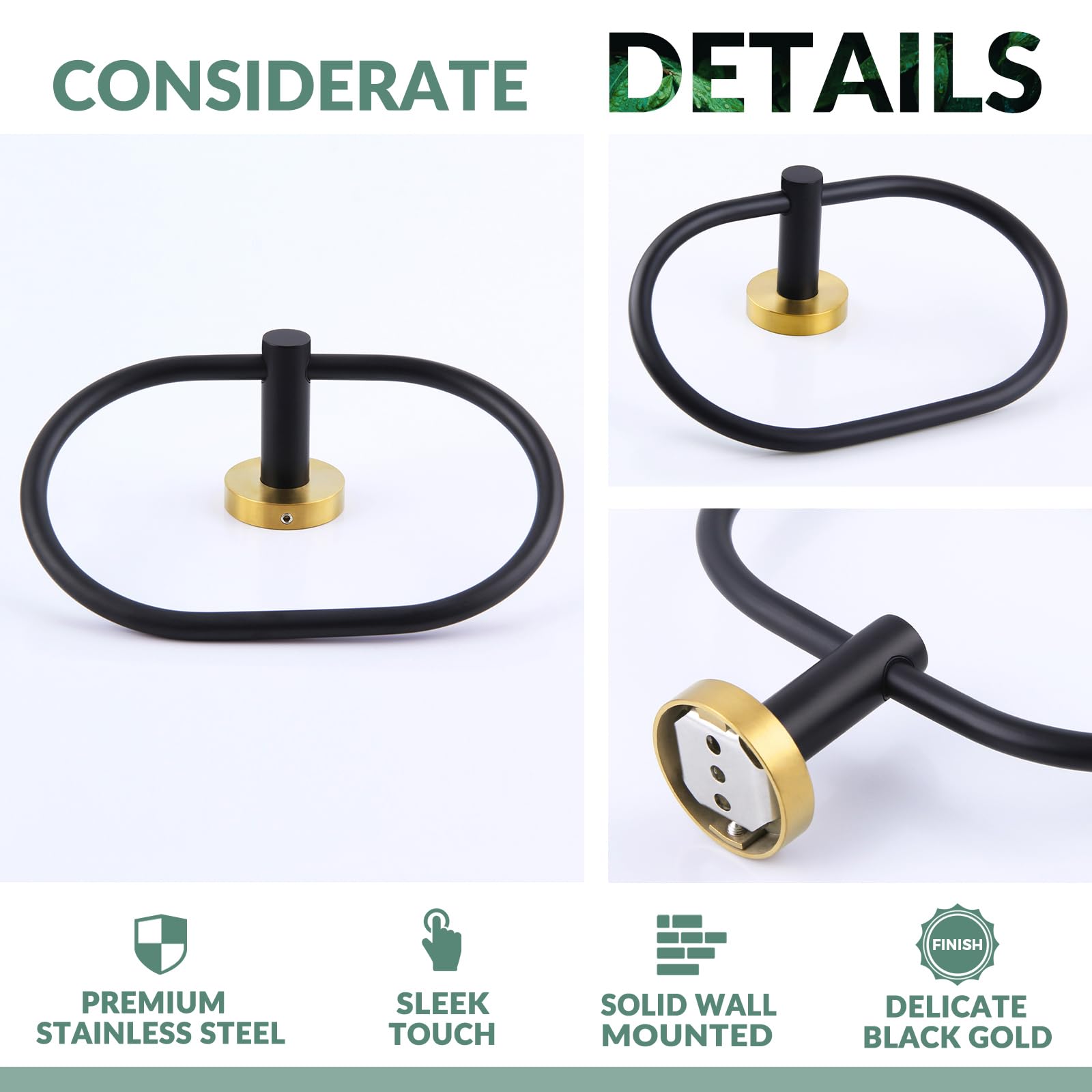 Bath Towel Ring, Aplusee Stainless Steel Swivel Hand Towel Holder, Modern Oval Kitchen Bathroom Accessories (Black & Gold)