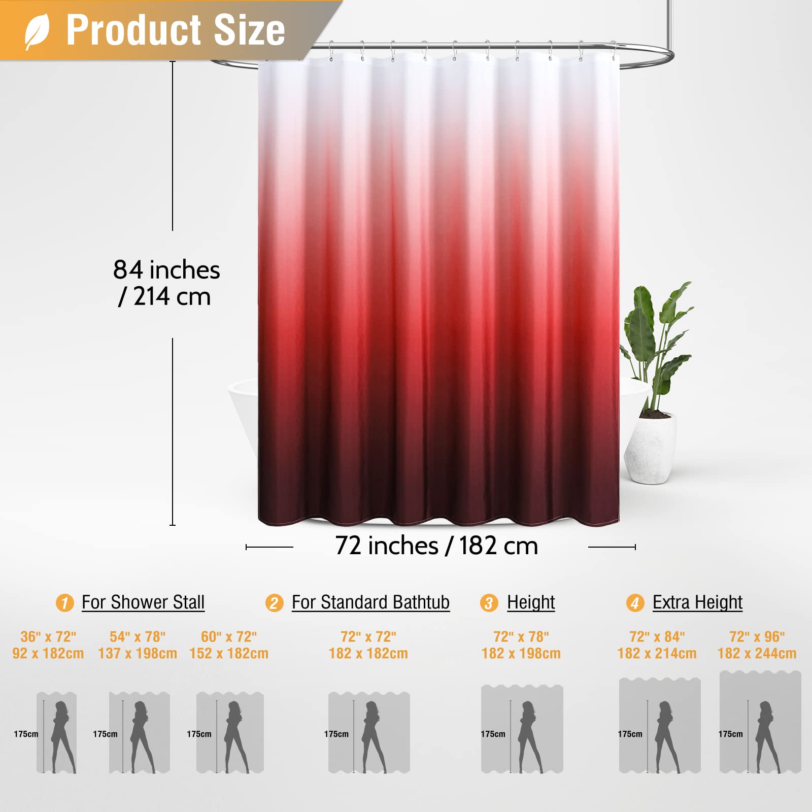 BTTN Extra Long Shower Curtain - 84 Inch Ombre Linen Textured Weighted Fabric Shower Curtain Set with Metal Hooks  Large Hotel Spa Luxury Curtains for Bathroom Showers and Bathtub  72x84  Burgundy/Red
