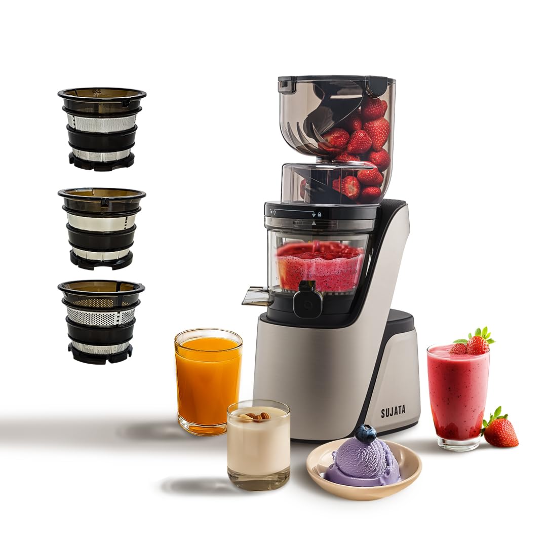 Sujata Cold Pressed Slow Juicer Sj01 | Ideal For Fruit, Vegetable Juices, Nut Milks, Smoothies & Frozen Desserts | Dual Feeding 