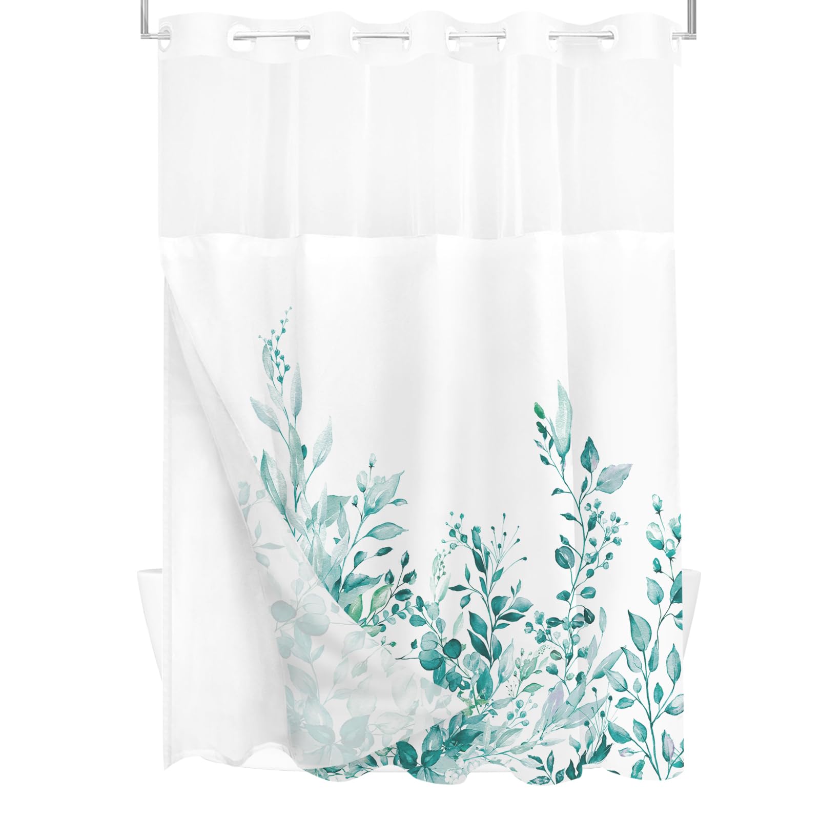 Tititex No Hooks Snap In Liner Teal Eucalyptus Leaves Shower Curtain Sets, Hotel Luxury Double Layers Waterproof Fabric & See-Th