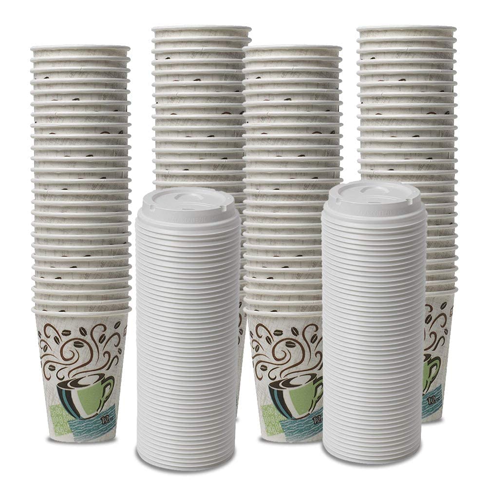 Dixie Perfectouch Wisesize Coffee Design Insulated Paper Cup, 12Oz Cups And Lids Bundle (12 Oz, 100 Cups, 100 Lids)