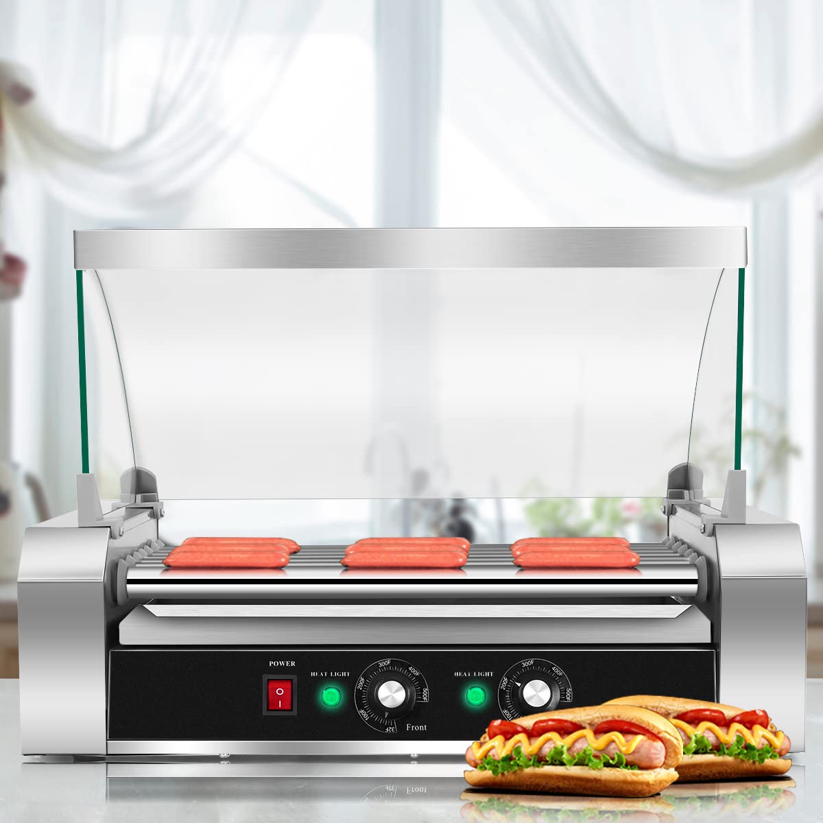 Kotek Hot Dog Roller Machine, 18 Hot Dog And 7 Non-Stick Roller, Sausage Grill Cooker Machine With Glass Cover, Drip Tray, Dual