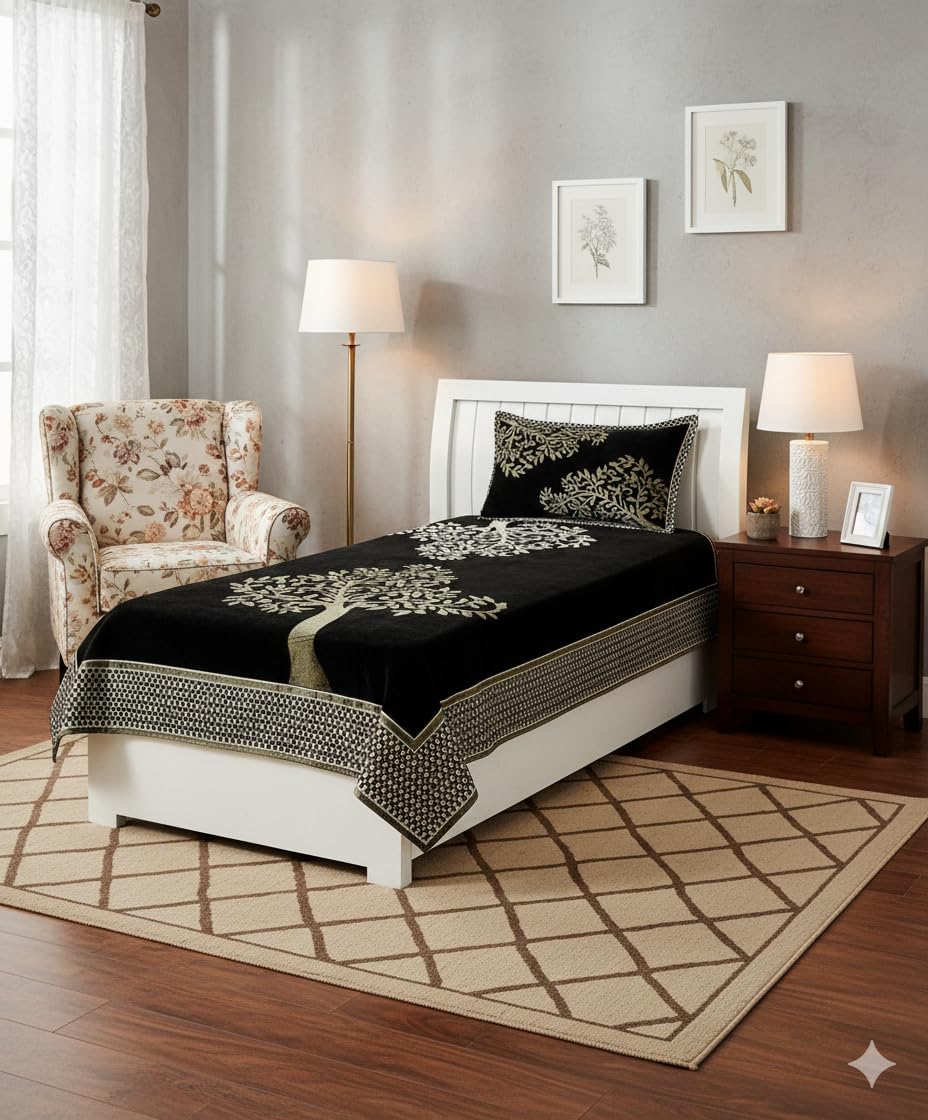 Fresh From Loom Chenille Floral 500 Tc Heavy Bedsheet For Single Bed With 1 Pillow Cover, Size  60 X 90 Inch Color  Tree Black