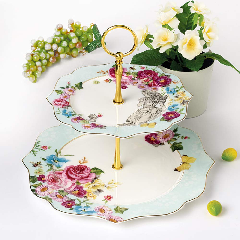 Linlins Elegant Bone China Rose Pattern 2-Tier Cake Stand/ Cupcake Stand/ Pastry Serving Cake Stand In Gift Box