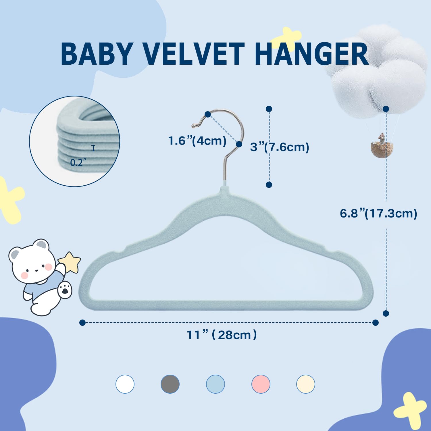 Wellong Baby Velvet Hangers, 11 Inches Kids Clothes Hangers, Non-Slip Childrens Hangers For Infant And Toddler 16 Pack Blue