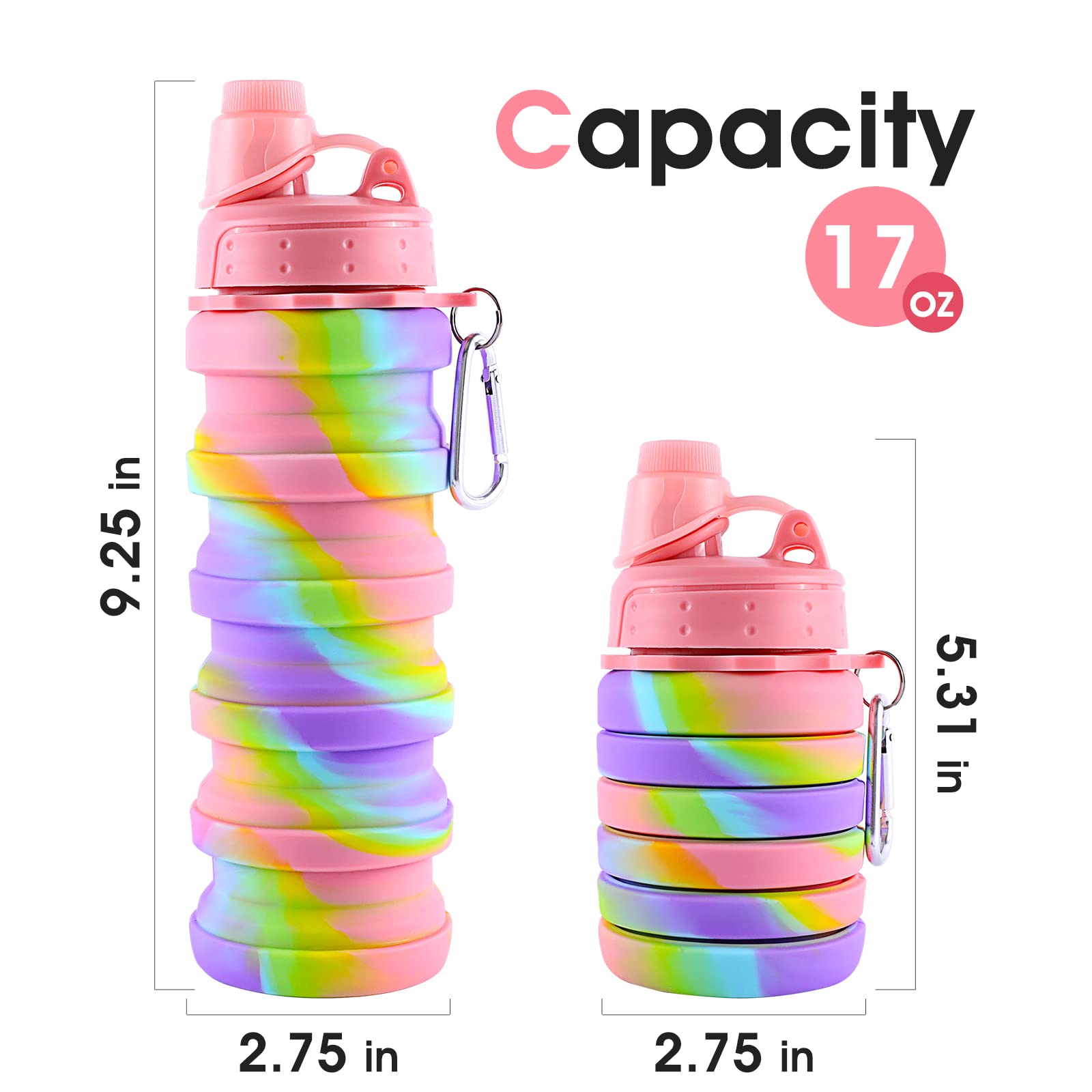 Makersland Rainbow Collapsible Folding Water Bottles For Kids, Students, Adults, Reusable Bpa Free Silicone Foldable Sports Wate