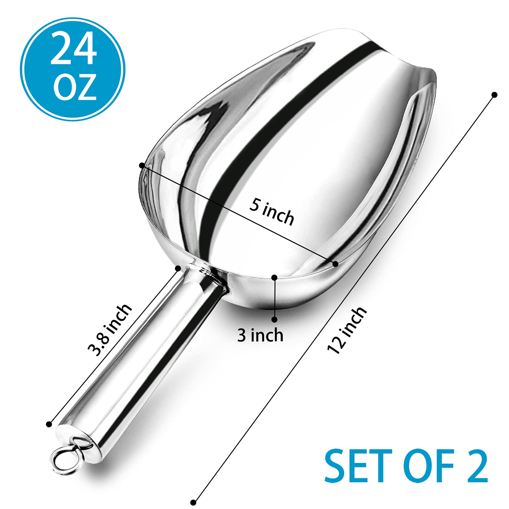 24 Oz Large Ice Scoop Set Of 2, P&P Chef Stainless Steel Candy Flour Utility Scoop For Home Bar Party Garden Bath, Heavy Duty &