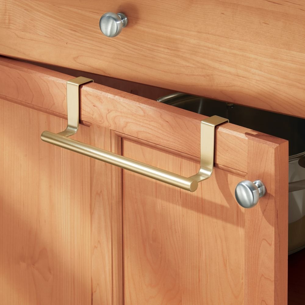 InterDesign Over-the-Cabinet Dish Towel Bar Holder, 9" Stainless Steel, Pearl Brass, Model 29549