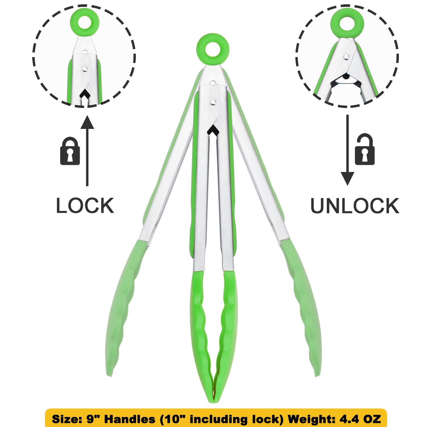 Hinmay Silicone Tongs 9-Inch Stainless Steel Locking Kitchen Tongs, Set Of 3 (Green)