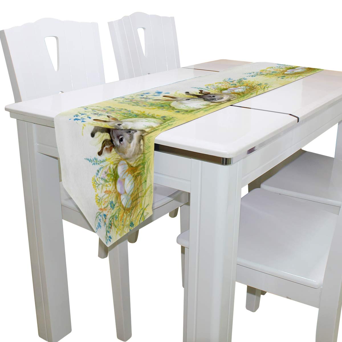 Woor Double-Sided Retro Easter Bunny Rabbit Watercolor Table Runner 13 X 70 Inches Long,Table Cloth Runner For Wedding Party Hol