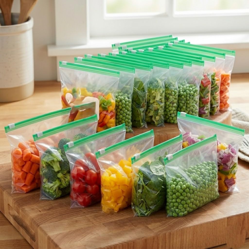 Reusable Food Storage Bags, 20Piece MultiSize StandUp Pouches, Clear Leakproof, With Green Slider Zipper, For Freezer And Pan