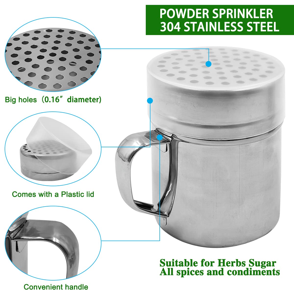 Powdered Sugar Shaker Duster With Handle, Senhai 2Pcs Stainless Steel Powder Shakers For Sugar Pepper Cinnamon Powder Flour With