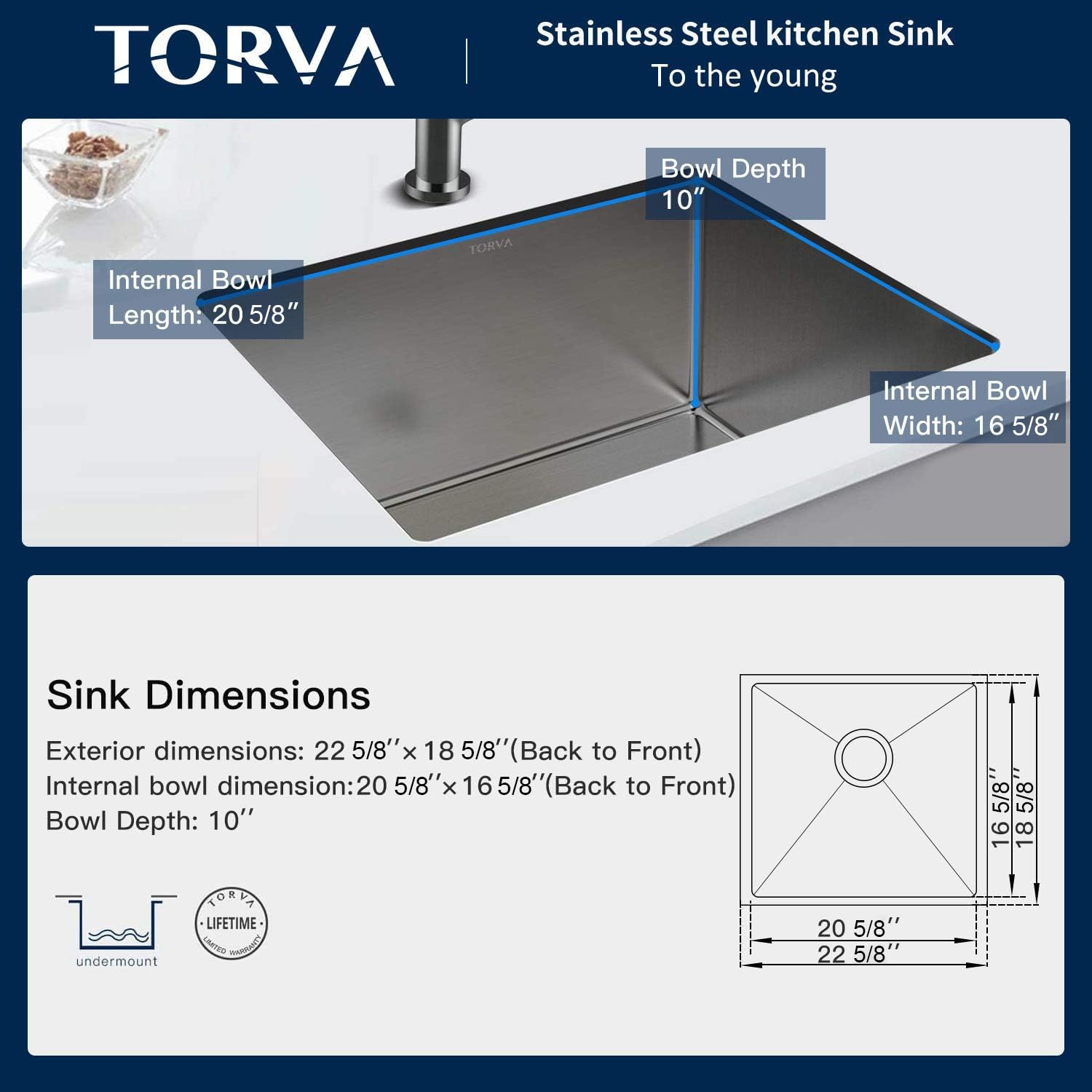 Bar Sink  TORVA 22.5 inch Undermount 16 Gauge Single Bowl Stainless Steel Kitchen Sink  Bar or Prep Sink