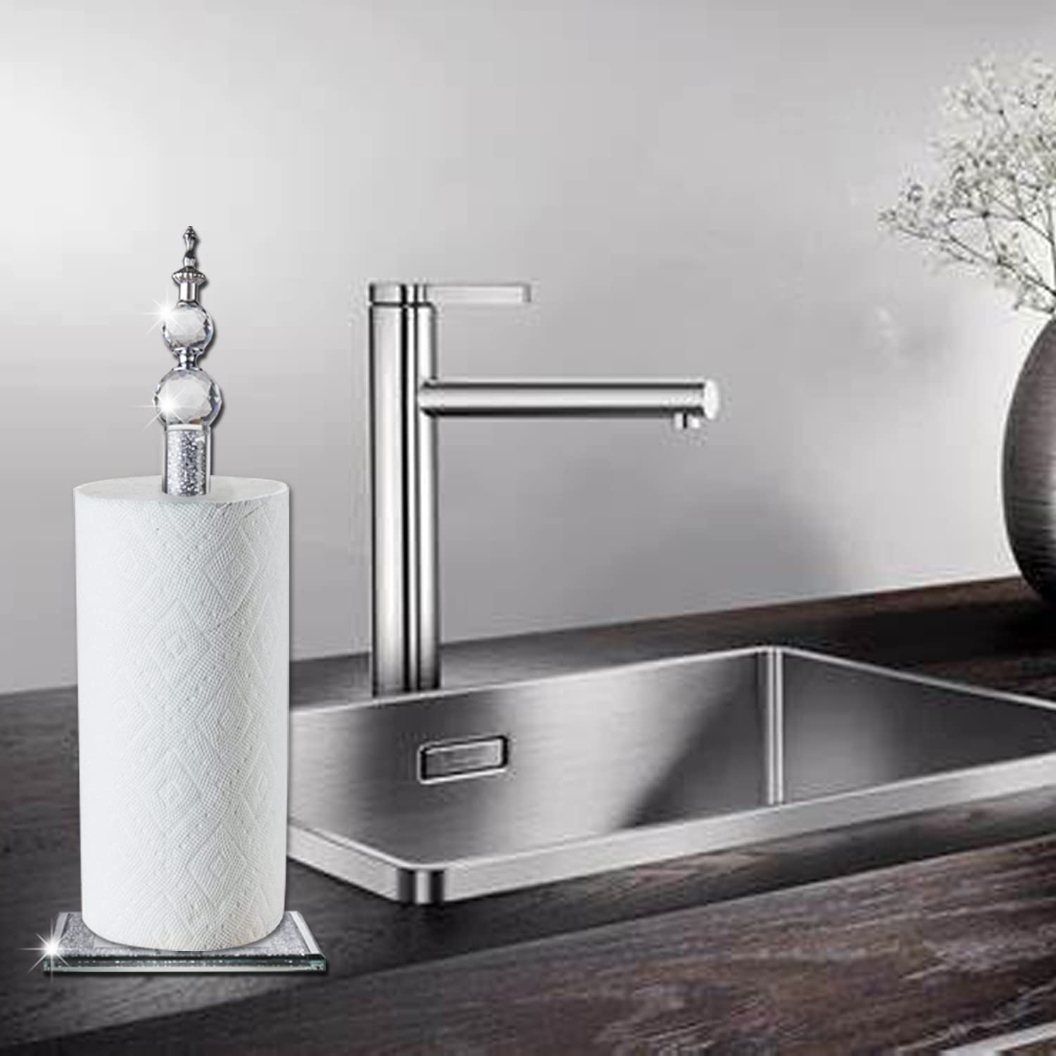 Handmade Silver Paper Towel Roll Holder,Crystal Crushed Diamonds Paper Towel Roll Decorative With Base Freestanding Holder For K
