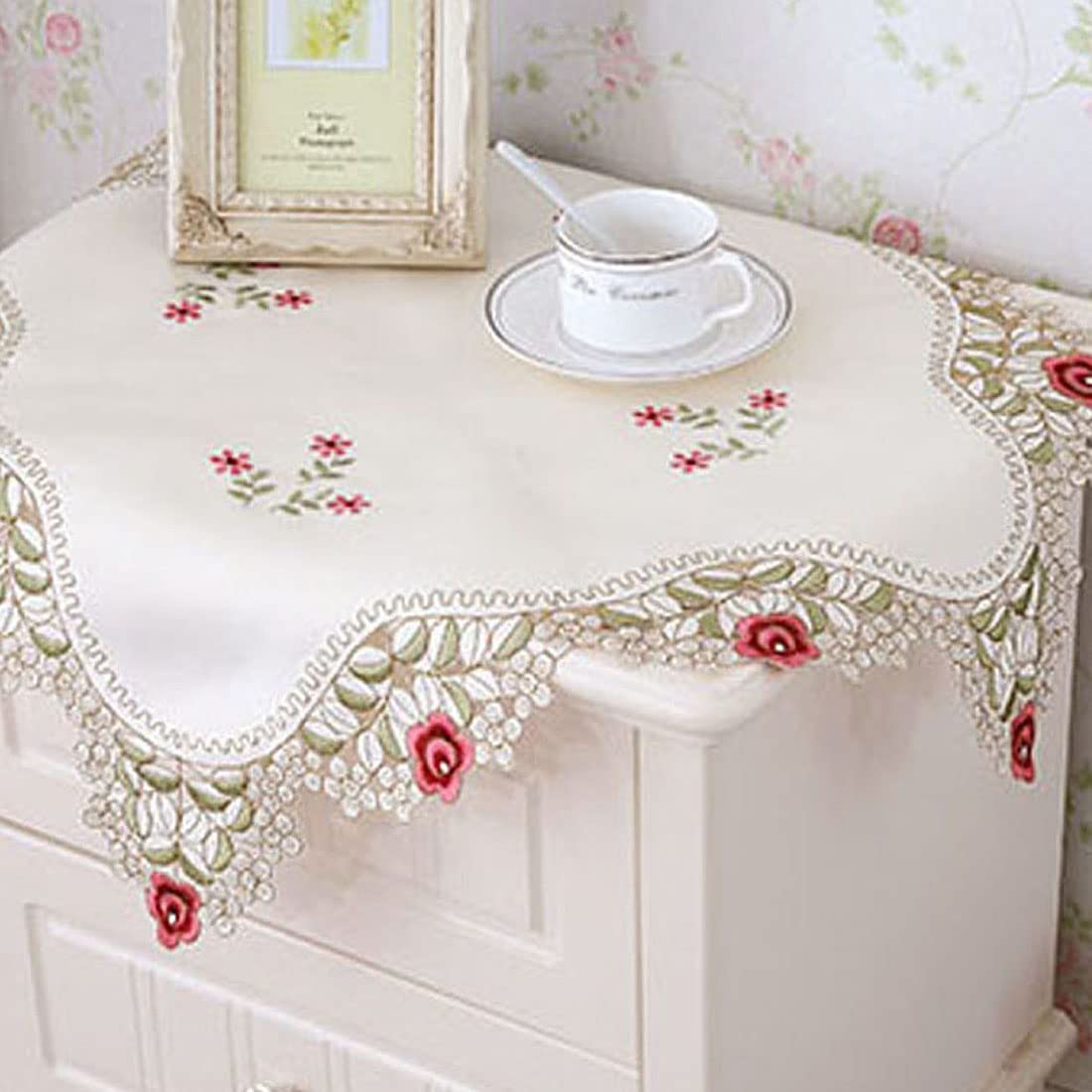 LeLehome Red Rose Flower Embroidered Lace Cream Square Tablecloth 33 inch x 33 Inch Approx Multi